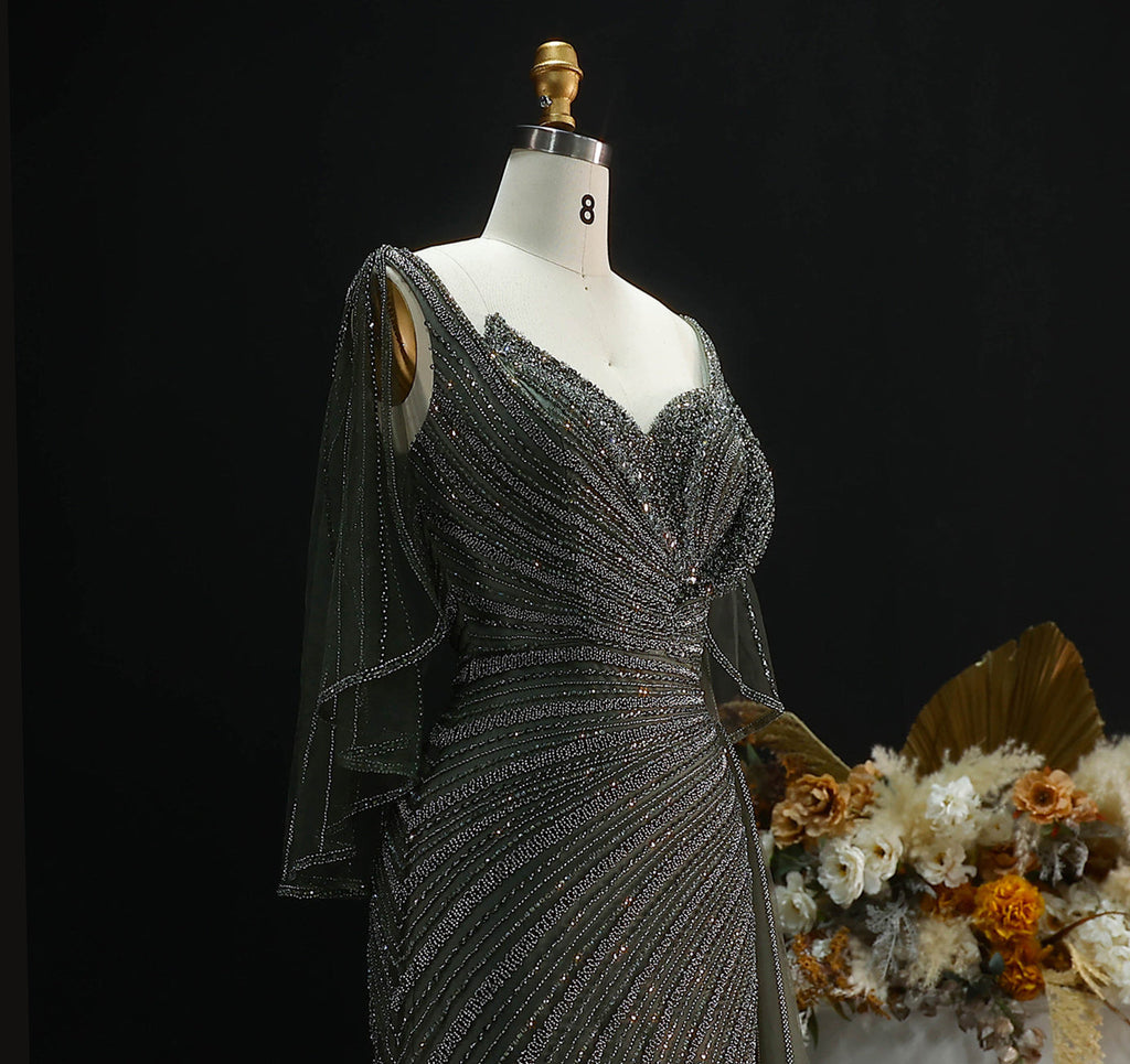 Luxury Champagne V-Neck Beaded Evening Dress with Cape Sleeves SS063