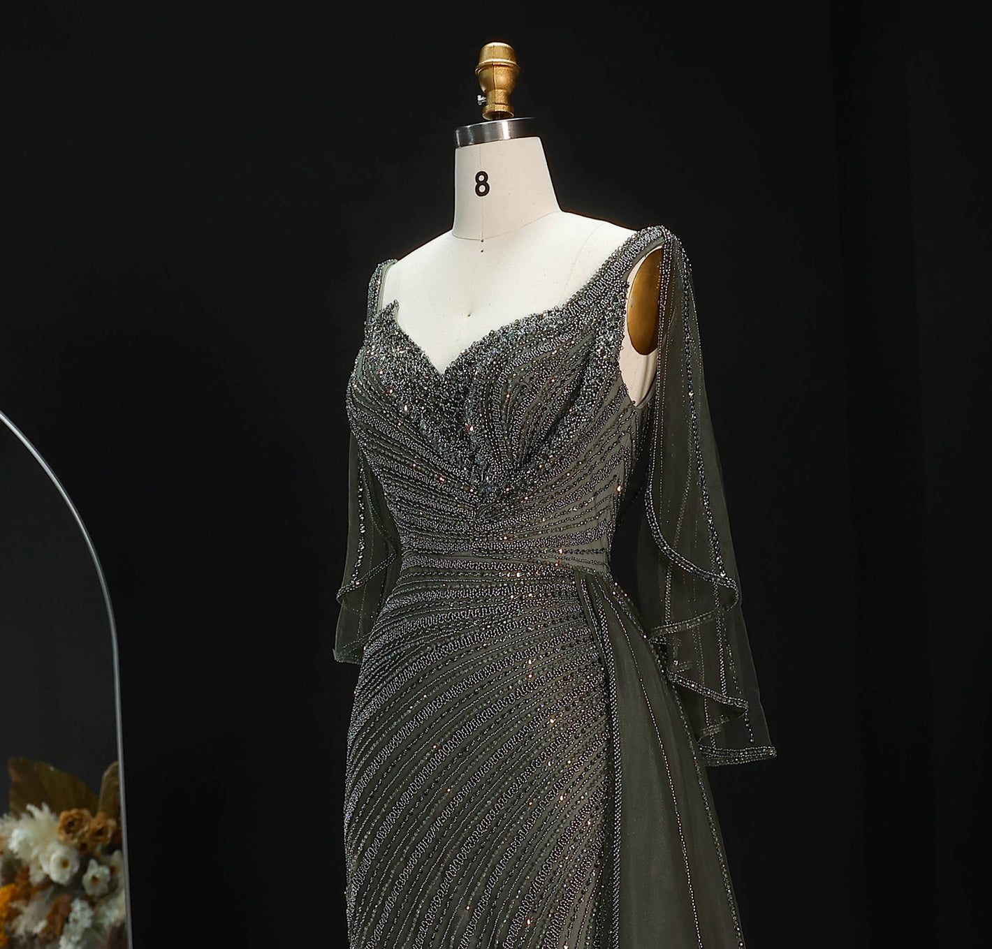 Luxury Champagne V-Neck Beaded Evening Dress with Cape Sleeves SS063