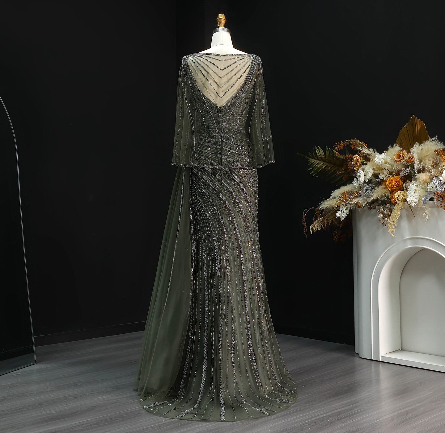 Luxury Champagne V-Neck Beaded Evening Dress with Cape Sleeves SS063