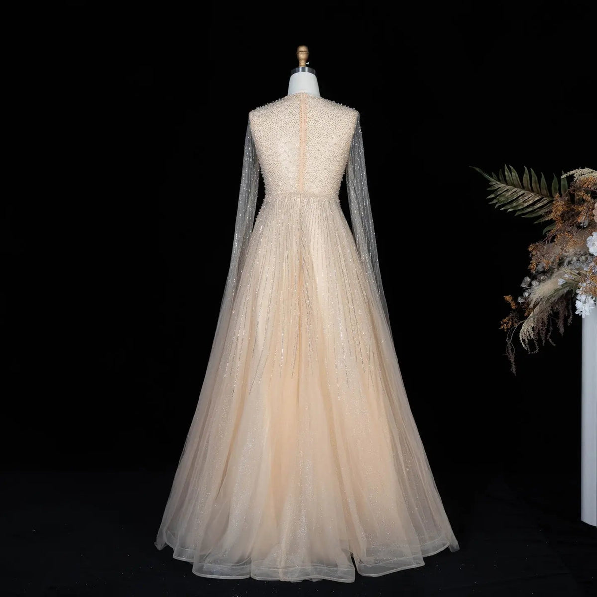 Glamorous Pink Illusion Neck Beaded Chiffon Evening Dress with Cape Sleeves SS054