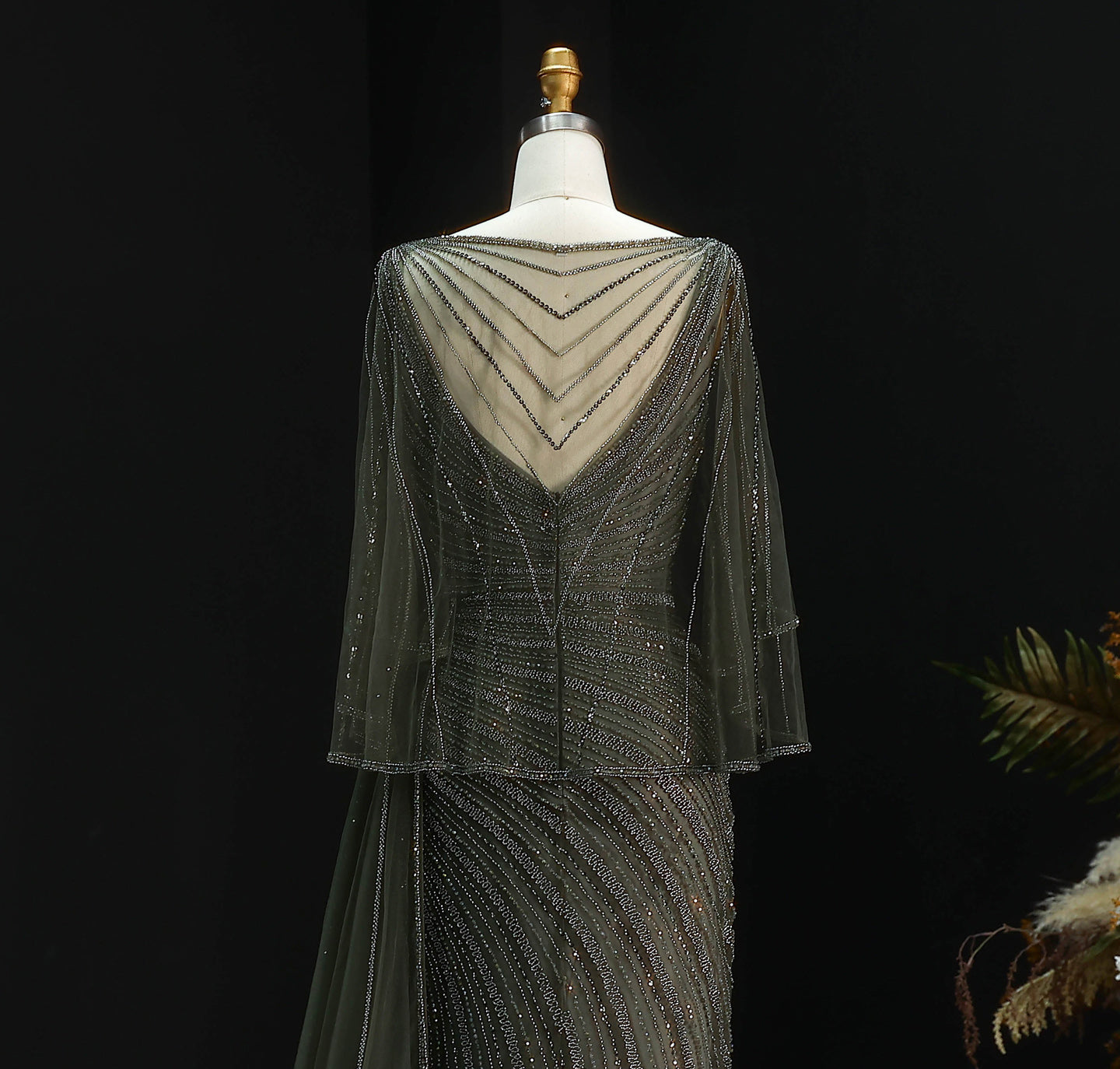 Luxury Champagne V-Neck Beaded Evening Dress with Cape Sleeves SS063