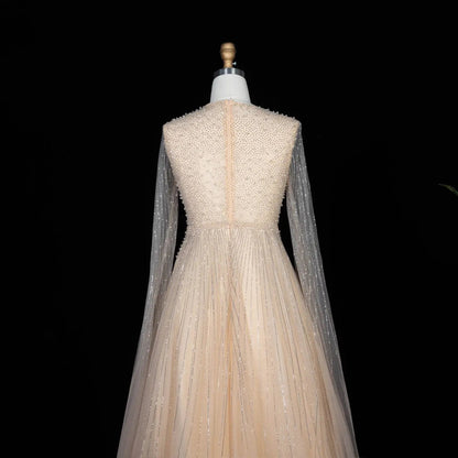 Glamorous Pink Illusion Neck Beaded Chiffon Evening Dress with Cape Sleeves SS054