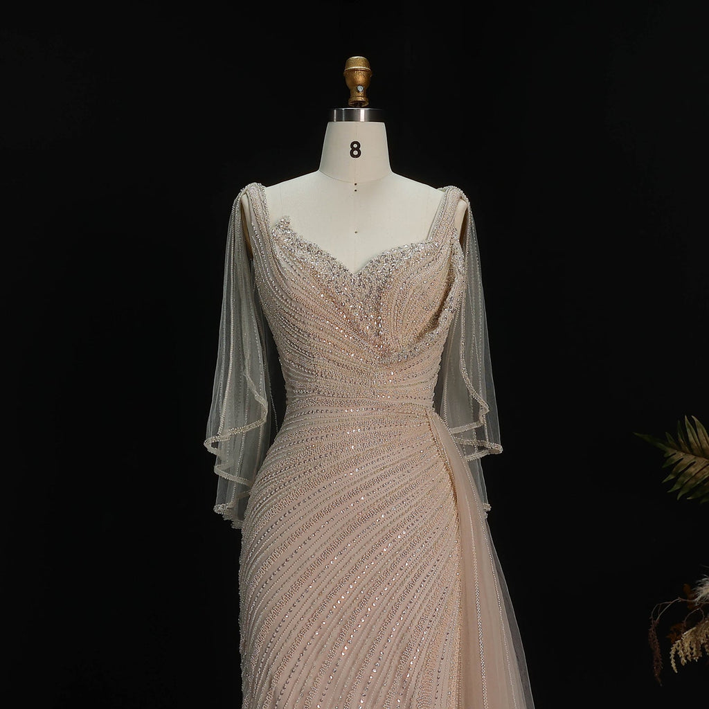 Luxury Champagne V-Neck Beaded Evening Dress with Cape Sleeves SS063