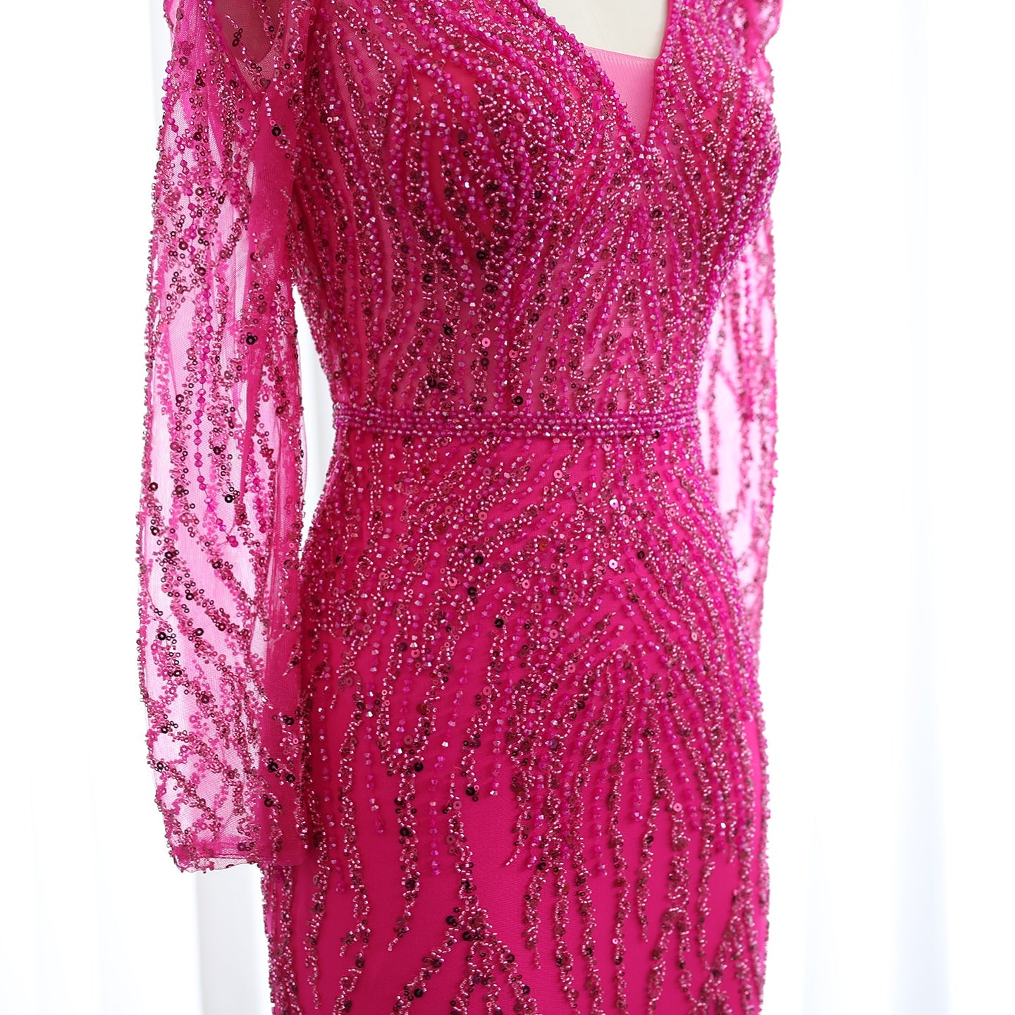 Luxury Navy Blue V-Neck Long Sleeves Mermaid Evening Dress SS099