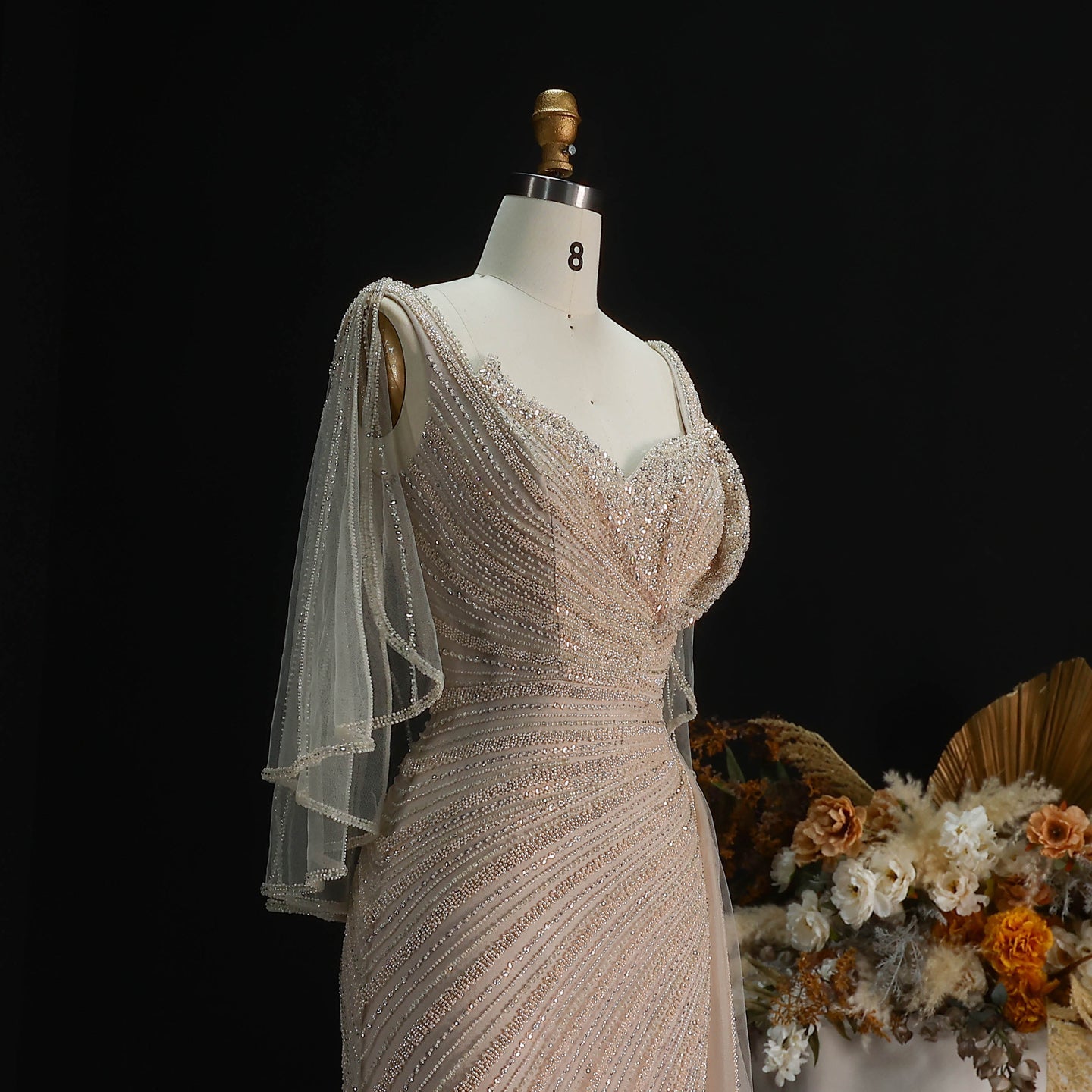 Luxury Champagne V-Neck Beaded Evening Dress with Cape Sleeves SS063