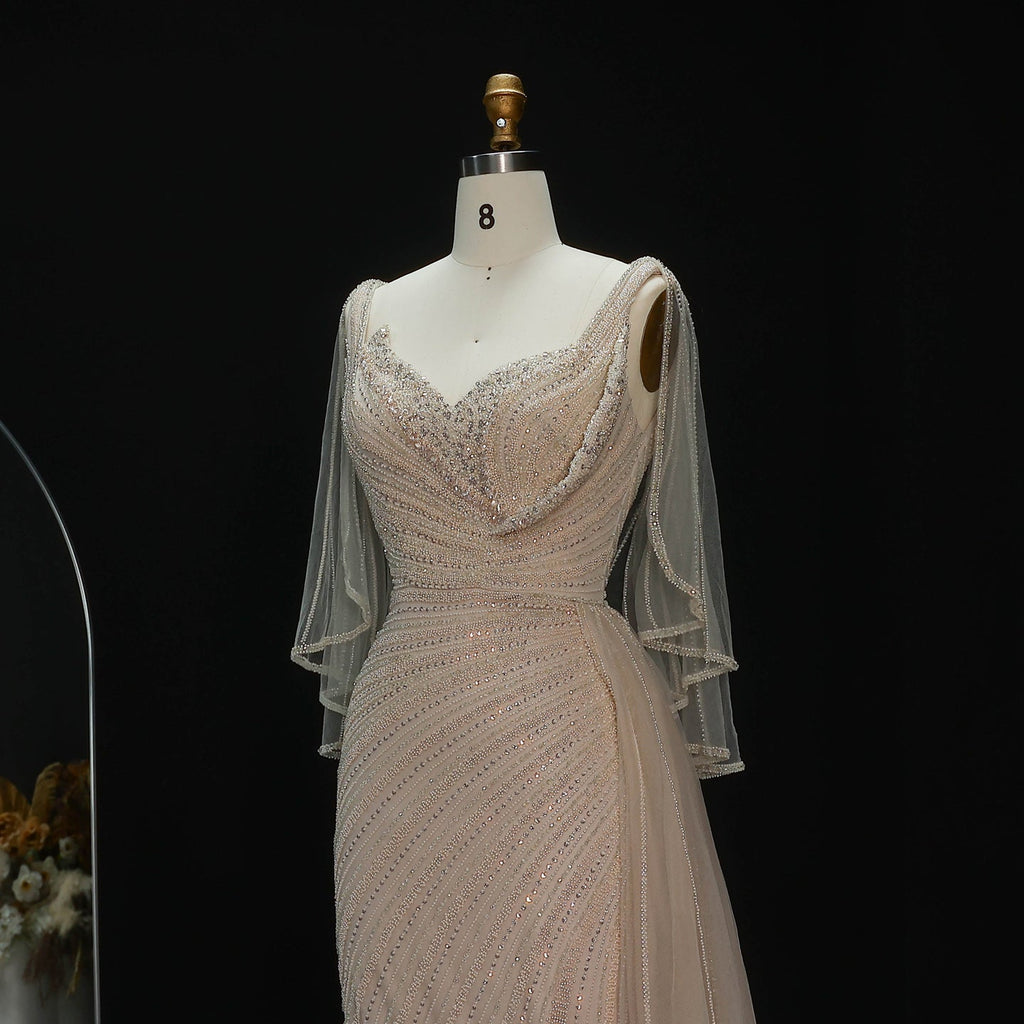 Luxury Champagne V-Neck Beaded Evening Dress with Cape Sleeves SS063