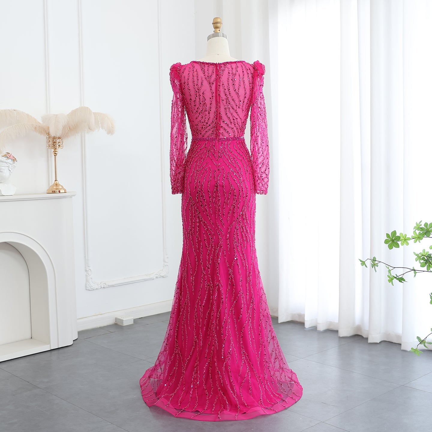 Luxury Navy Blue V-Neck Long Sleeves Mermaid Evening Dress SS099