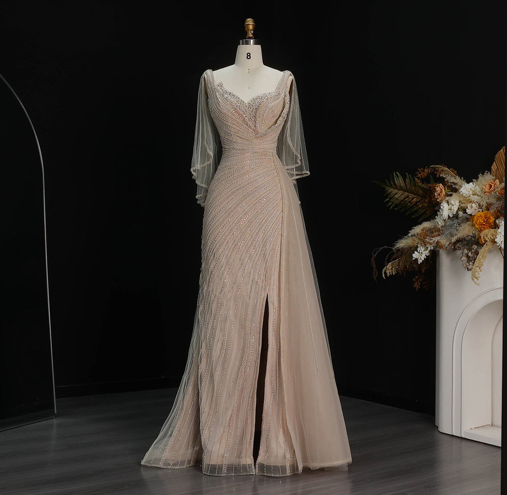 Luxury Champagne V-Neck Beaded Evening Dress with Cape Sleeves SS063