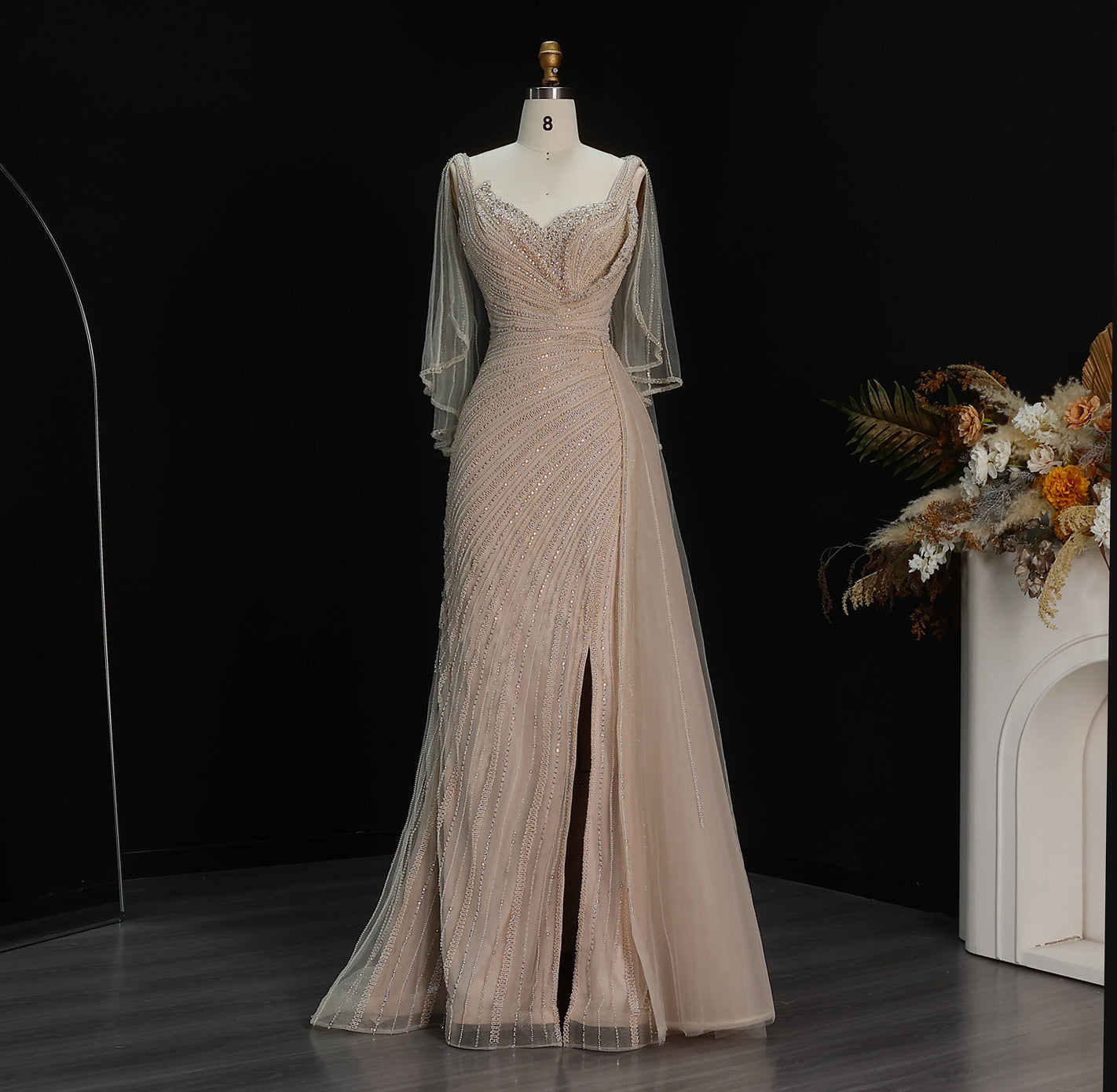 Luxury Champagne V-Neck Beaded Evening Dress with Cape Sleeves SS063