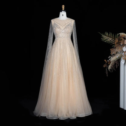 Glamorous Pink Illusion Neck Beaded Chiffon Evening Dress with Cape Sleeves SS054