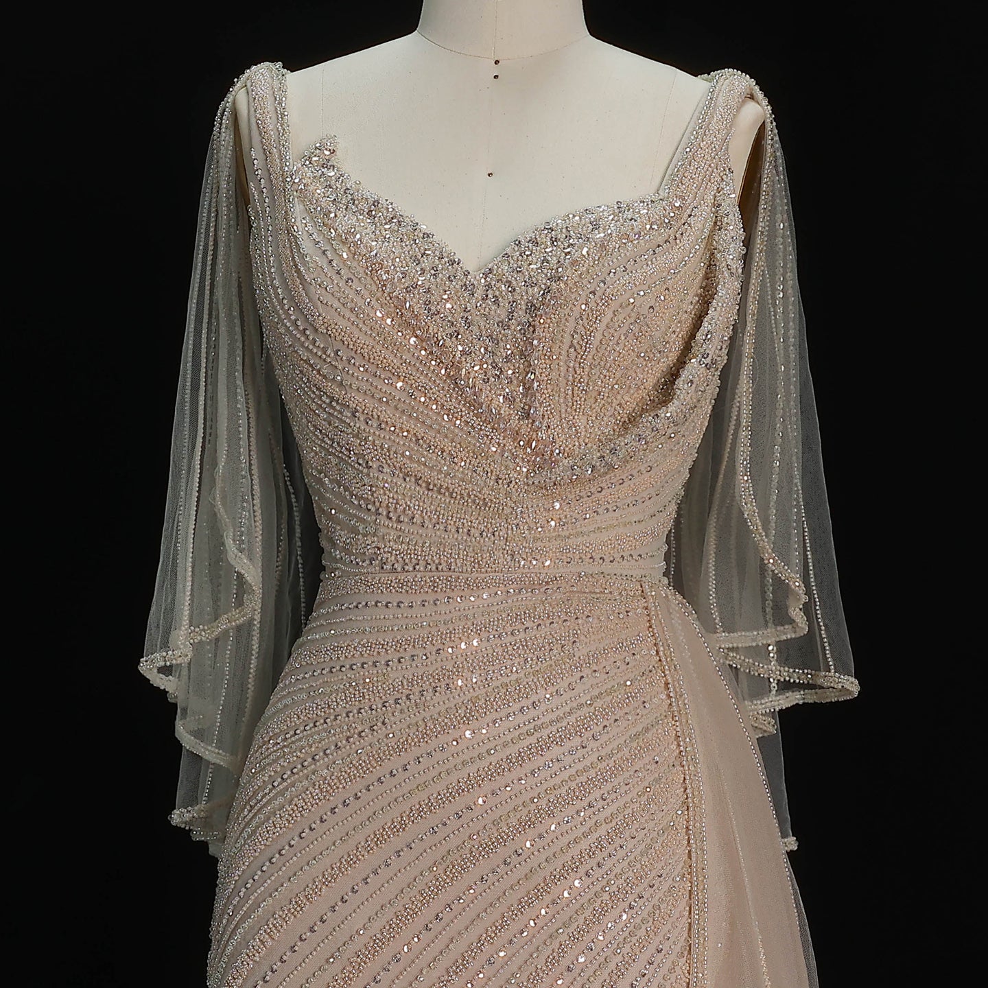 Luxury Champagne V-Neck Beaded Evening Dress with Cape Sleeves SS063