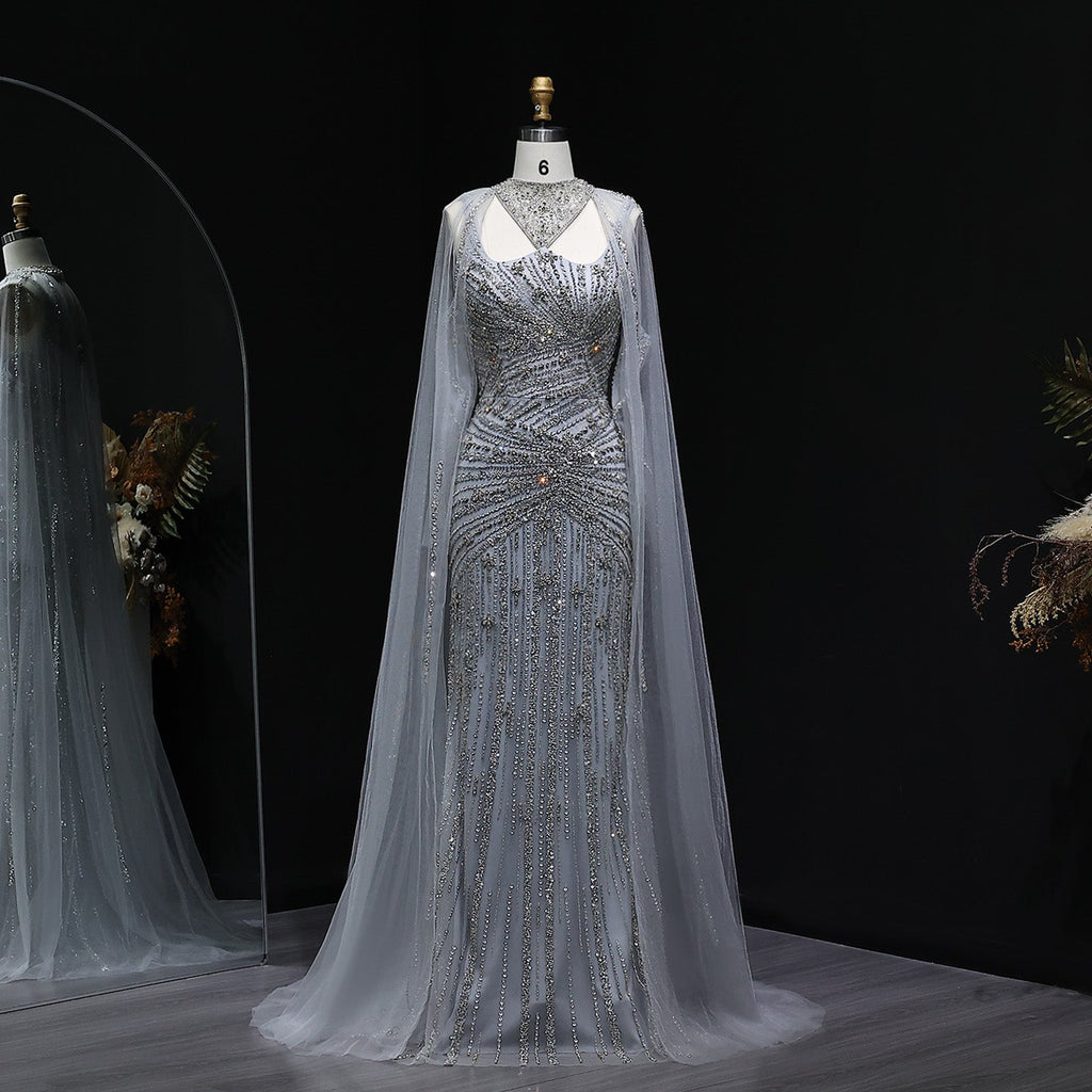 Luxury Champagne Beaded Mermaid Evening Dress with Cape Sleeves SS149