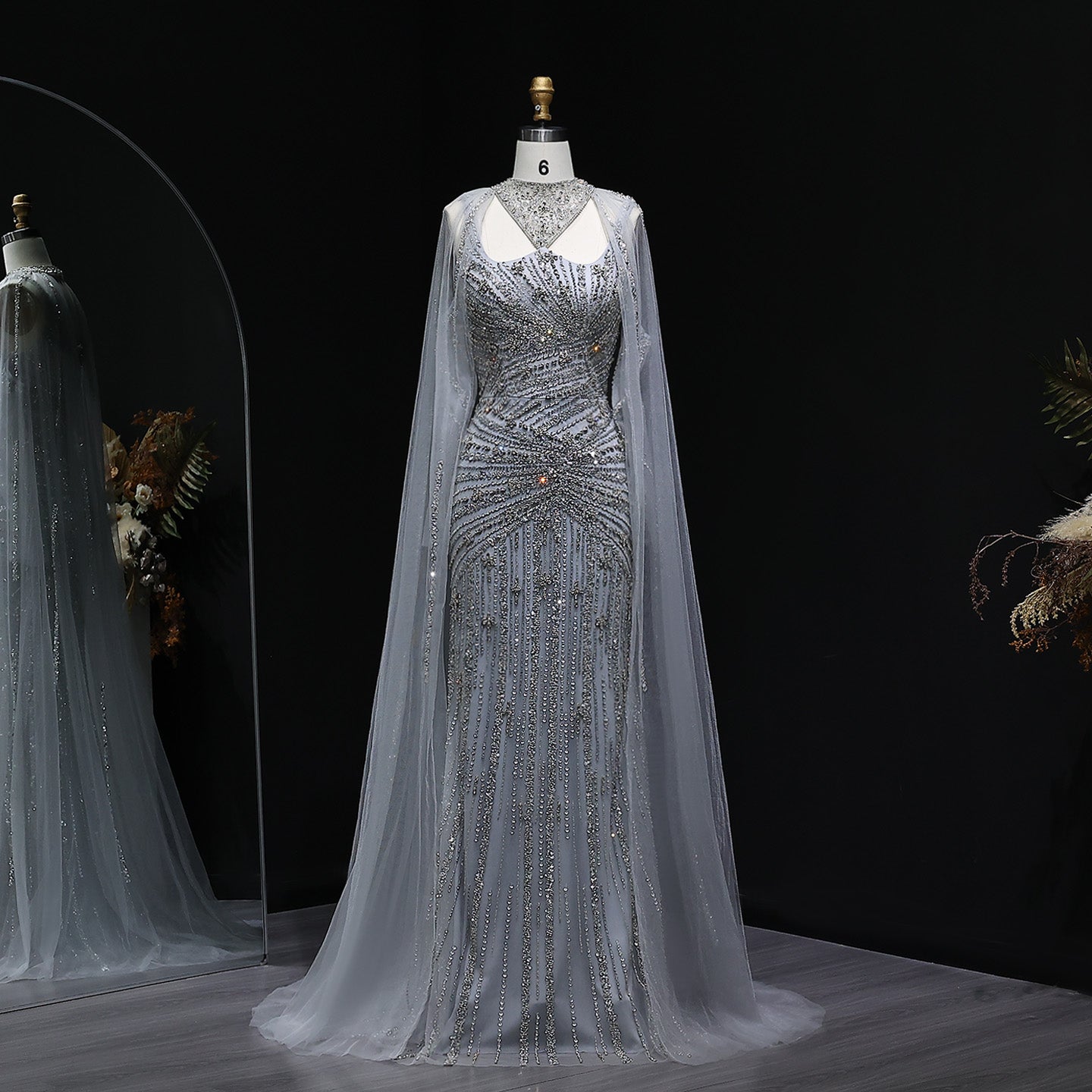 Luxury Champagne Beaded Mermaid Evening Dress with Cape Sleeves SS149