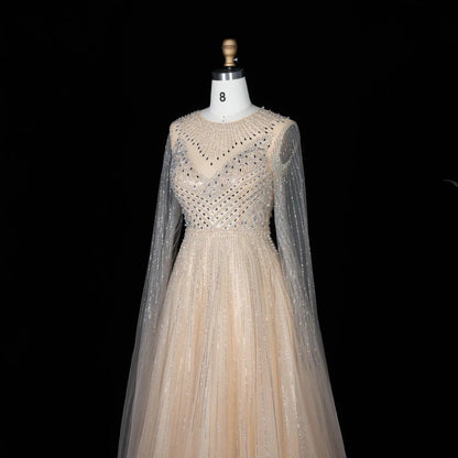 Glamorous Pink Illusion Neck Beaded Chiffon Evening Dress with Cape Sleeves SS054