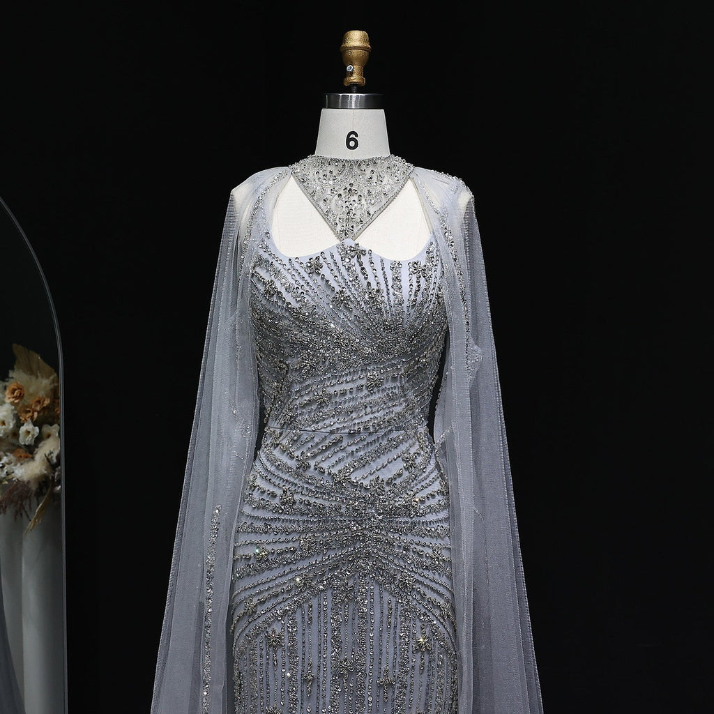 Luxury Champagne Beaded Mermaid Evening Dress with Cape Sleeves SS149