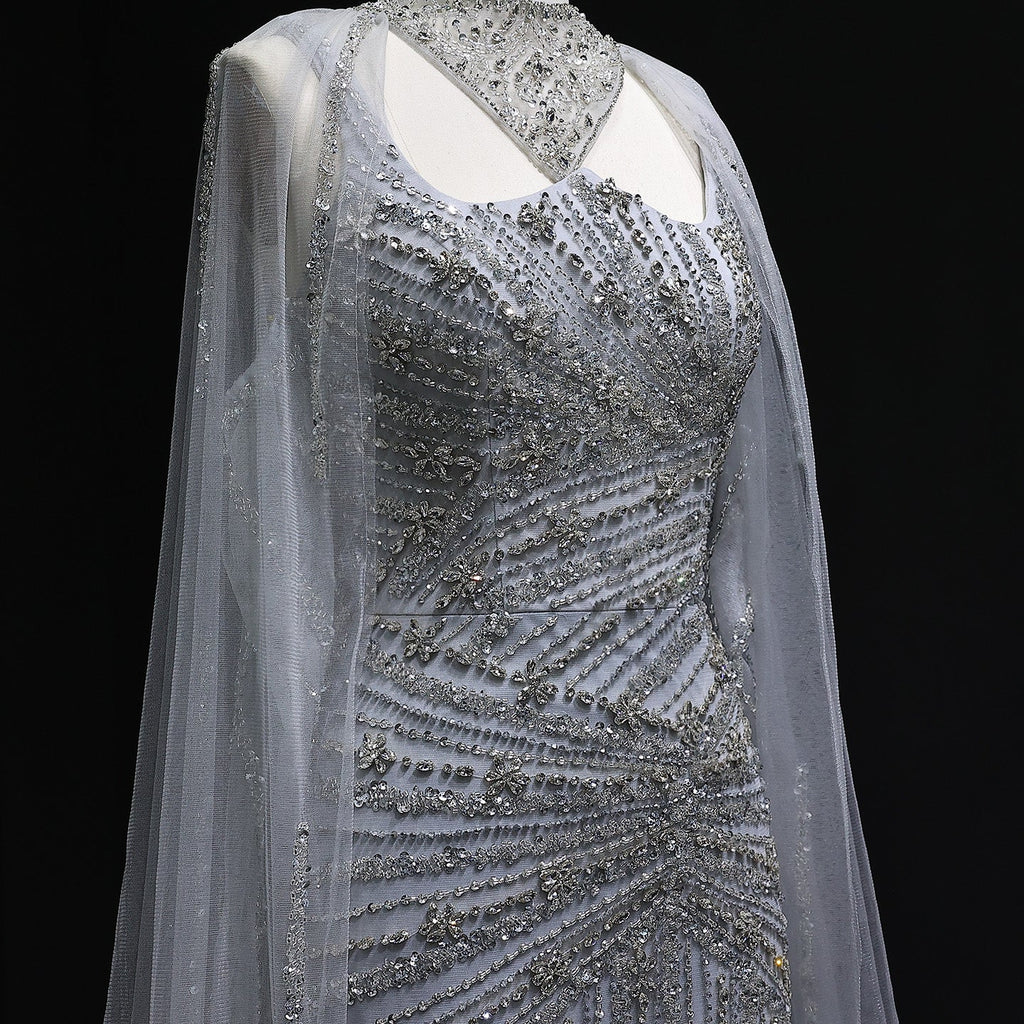 Luxury Champagne Beaded Mermaid Evening Dress with Cape Sleeves SS149