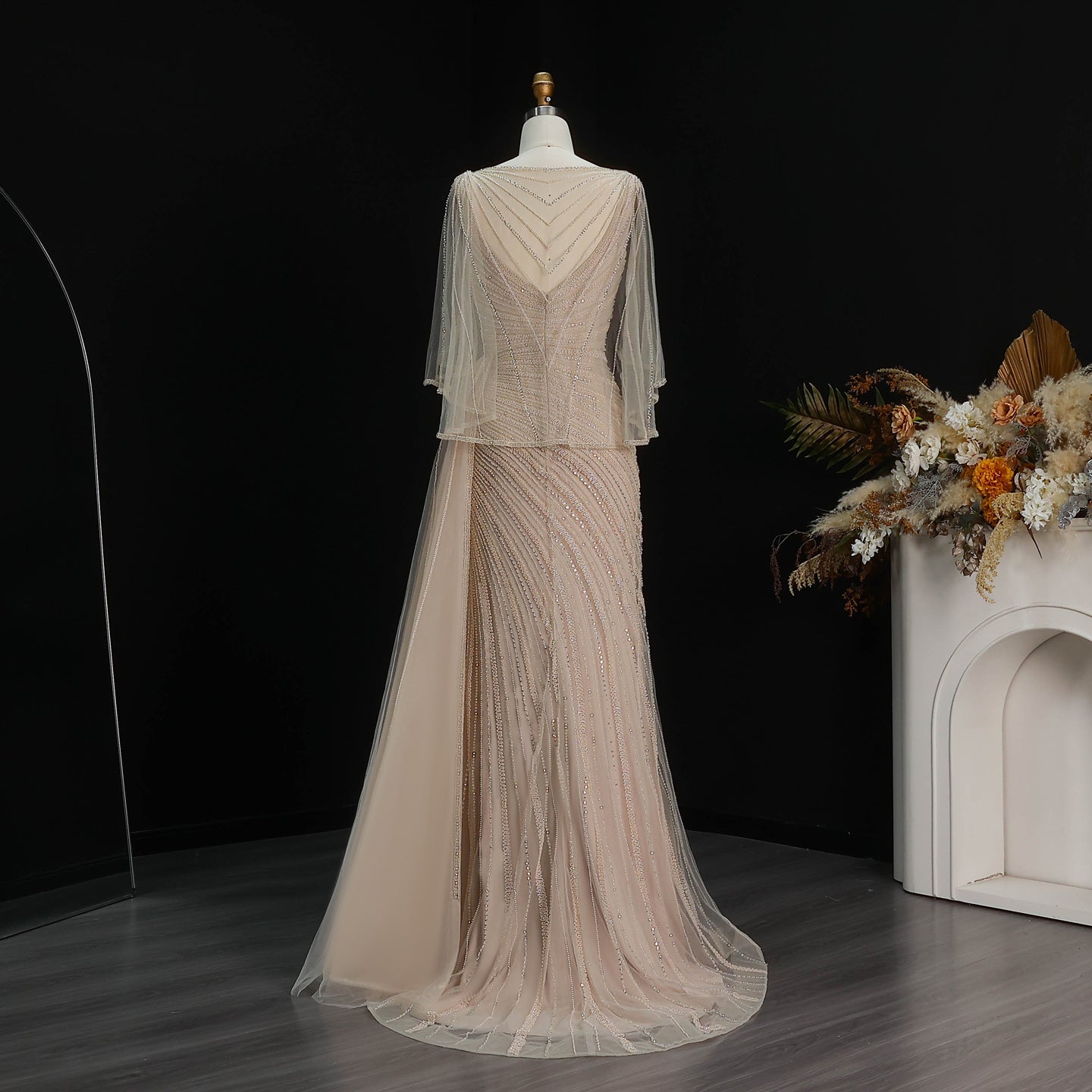 Luxury Champagne V-Neck Beaded Evening Dress with Cape Sleeves SS063