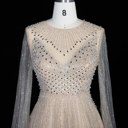 Glamorous Pink Illusion Neck Beaded Chiffon Evening Dress with Cape Sleeves SS054