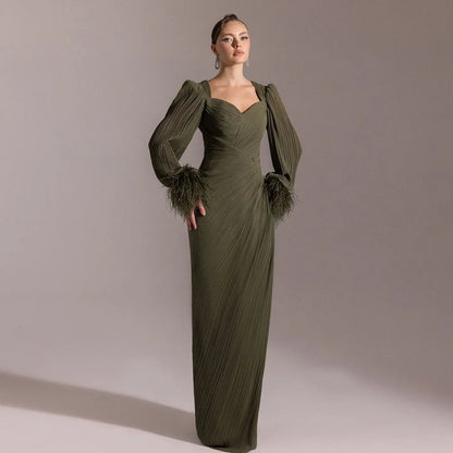 Luxury Feather Fuchsia Long Sleeves Evening Dress with Feathers and Overskirt SF411