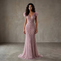Luxury Pink V-Neck Feather Trim Beaded Mermaid Evening Dress SS122
