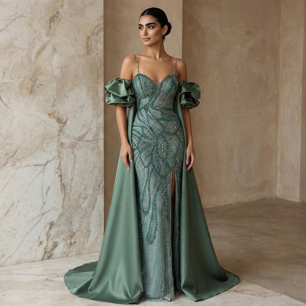 Luxury Lilac High-Slit Beaded Cape Evening Dress with Cap Sleeves SS157