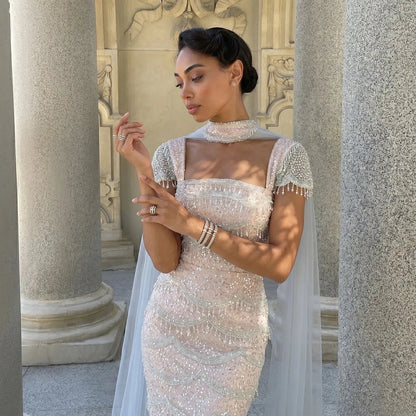 Gradient White Mermaid Square Sheer Evening  Dress Long Side Tulle Overlay SS523