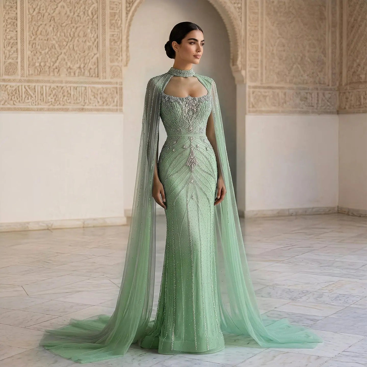 Luxury Champagne Halter Neck Cape Sleeve Beaded Evening Dress SS131