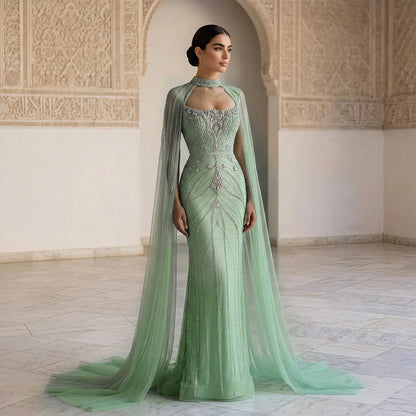 Luxury Champagne Halter Neck Cape Sleeve Beaded Evening Dress SS131