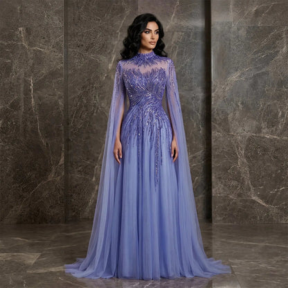 Luxury Blue High Neck Beaded Evening Dress with Cape Sleeve SS134
