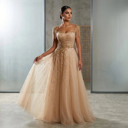 Luxury Blue Tassel Beaded Tulle A-Line Evening Dress SS058
