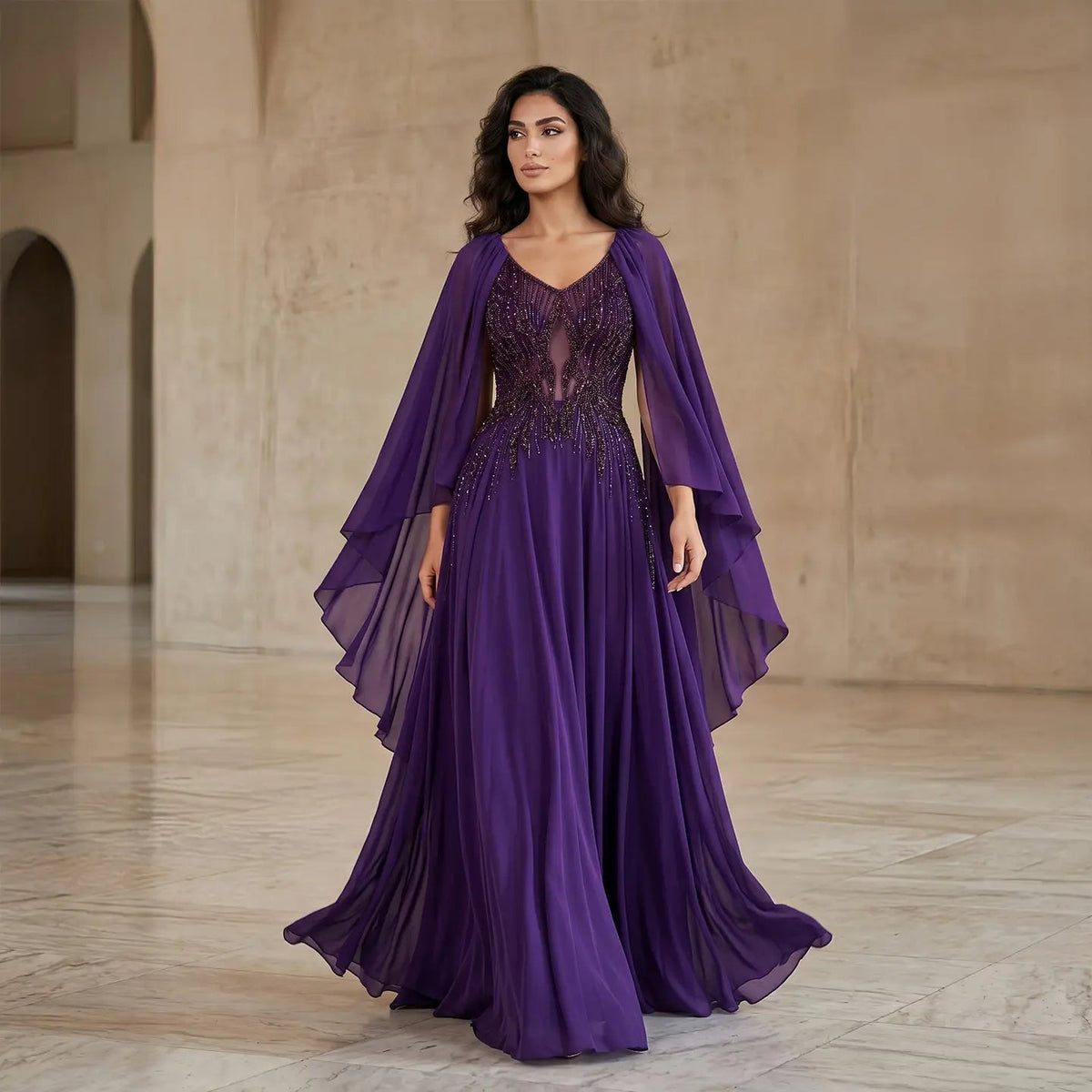 Luxury Purple V-Neck Beaded Chiffon Evening Dress with Cape Sleeves SS053