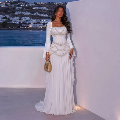 Luxury Pearls Tassel Blue and Yellow Evening Dress with Flowing Sleeves SS286