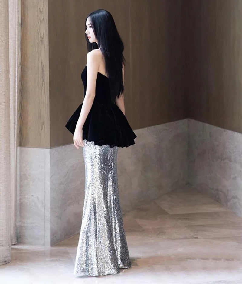 Edgy Black Silver Velvet Deep V-Neck Peplum Sequin Evening Dress SF425