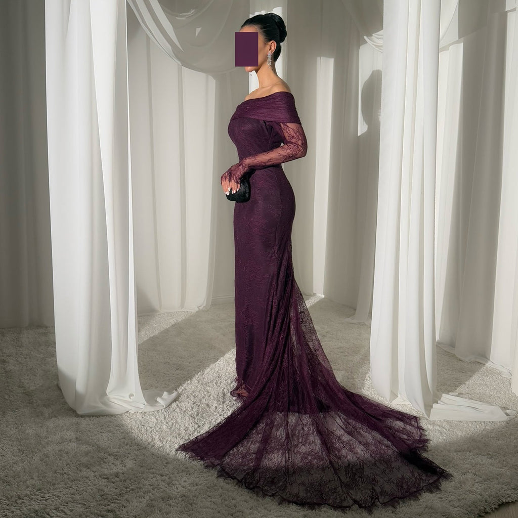 Luxury Purple Off Shoulder Lace Arabic Evening Dress SF205