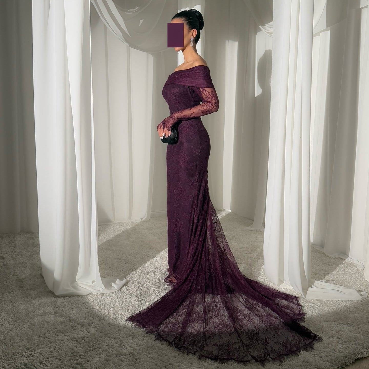 Luxury Purple Off Shoulder Lace Arabic Evening Dress SF205