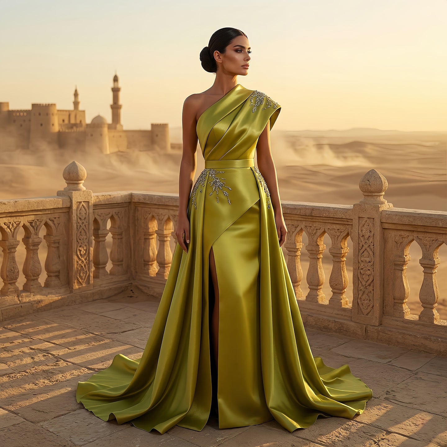 Luxury Turquoise Crystal One-Shoulder Evening Dress with Overskirt SS600