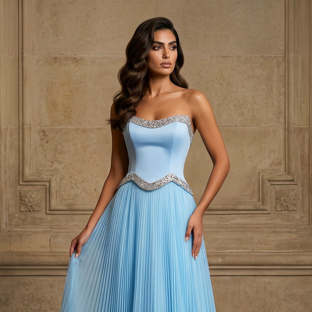 Elegant Pink Strapless Beaded Chiffon Evening Dress SS789
