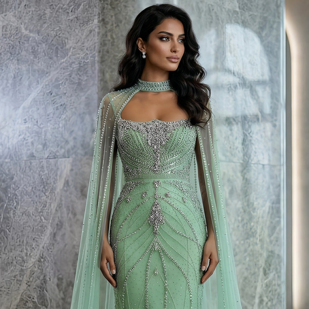 Elegant Champagne Halter Neck Beaded Evening Dress with Cape Sleeve SS131