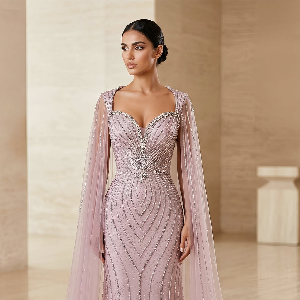 Elegant Pink Sweetheart Beaded Evening Dress with Cape Sleeve SS130