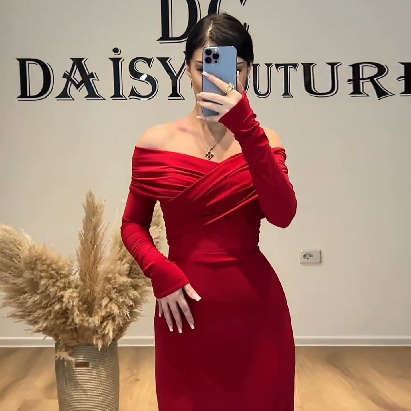 Glamorous Off-Shoulder Red Satin Fitted Evening Dress SF132