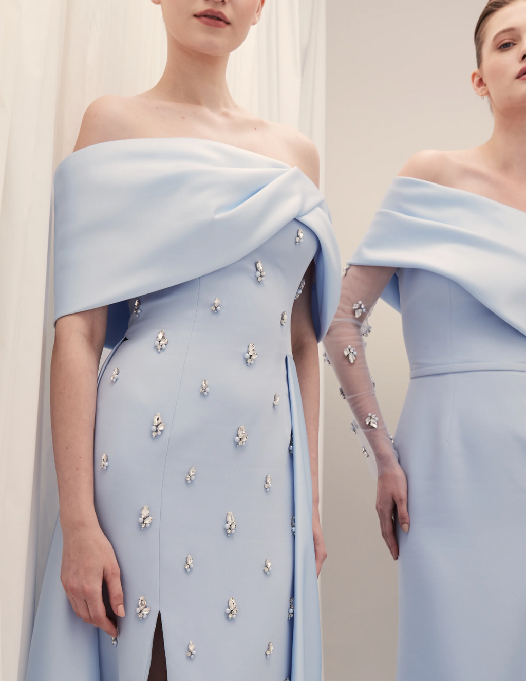 Luxury Blue Beaded High-Slit Evening Dress with Overskirt SF301