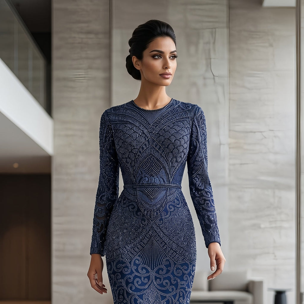Luxury Dark Green Long Sleeve Beaded Mermaid Evening Dress SS056