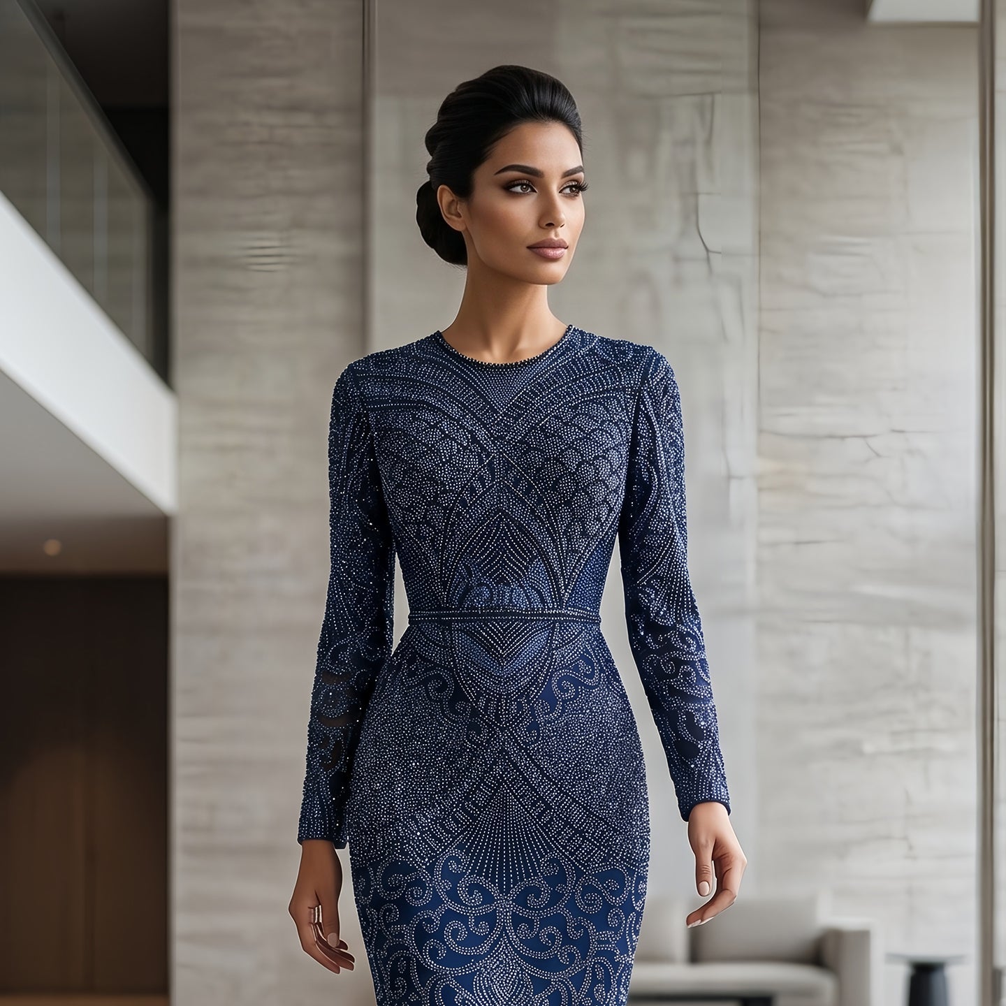 Luxury Dark Green Long Sleeve Beaded Mermaid Evening Dress SS056