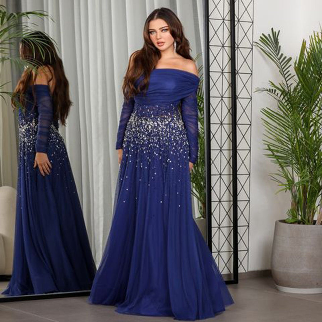 Luxury Crystal Royal Blue Long Sleeves Evening Dress SF333