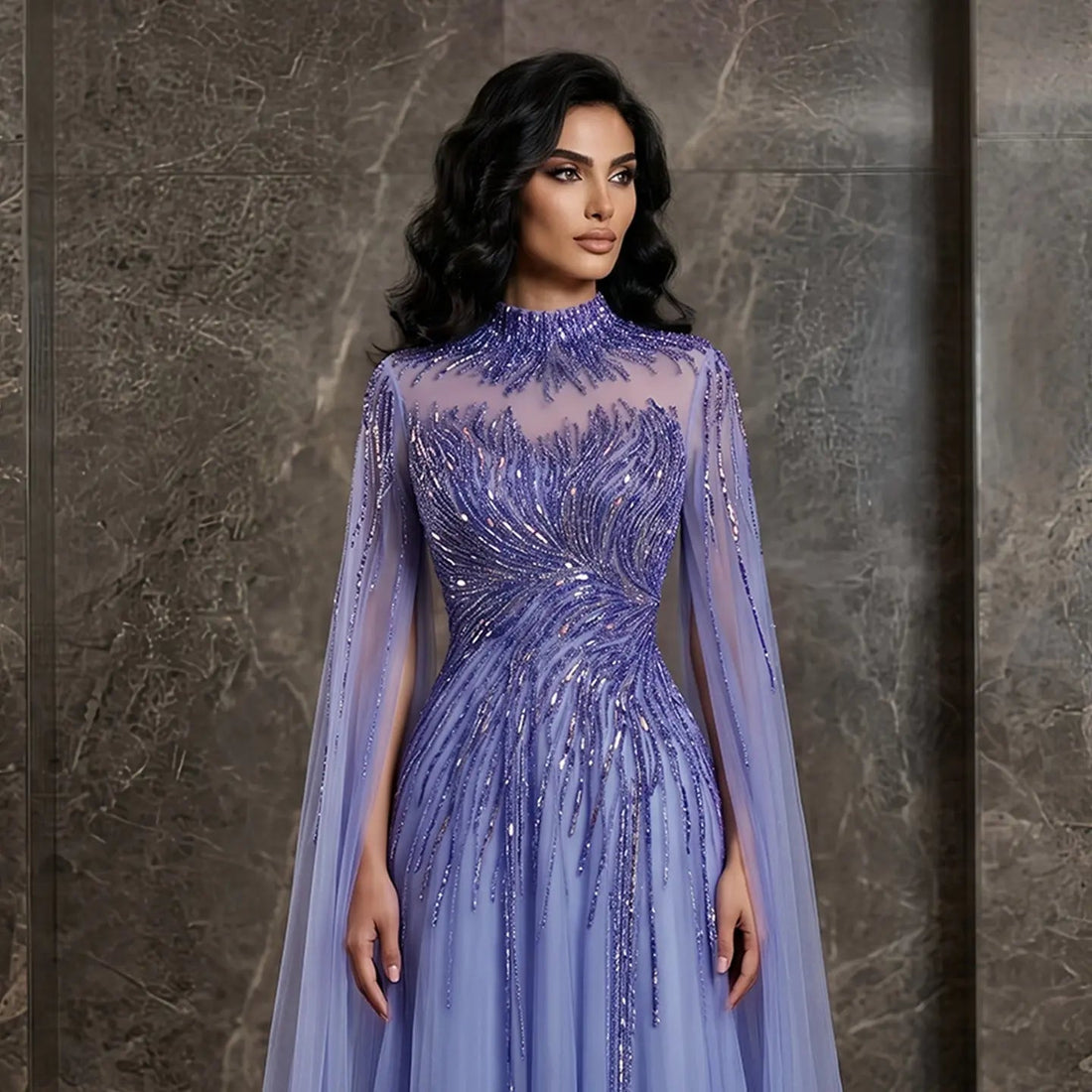 Luxury Blue High Neck Beaded Evening Dress with Cape Sleeve SS134