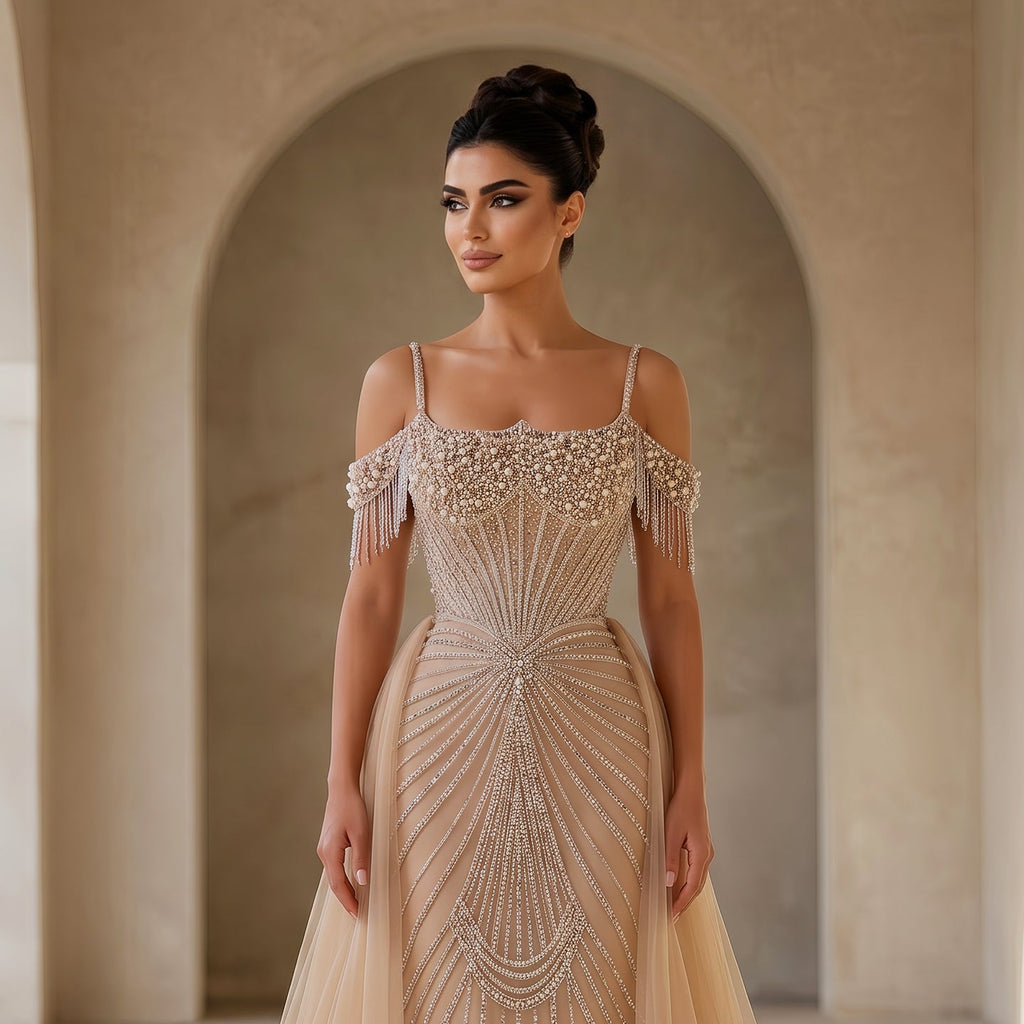 Elegant Green Spaghetti Strap Beaded Evening Dress with Overskirt SS121