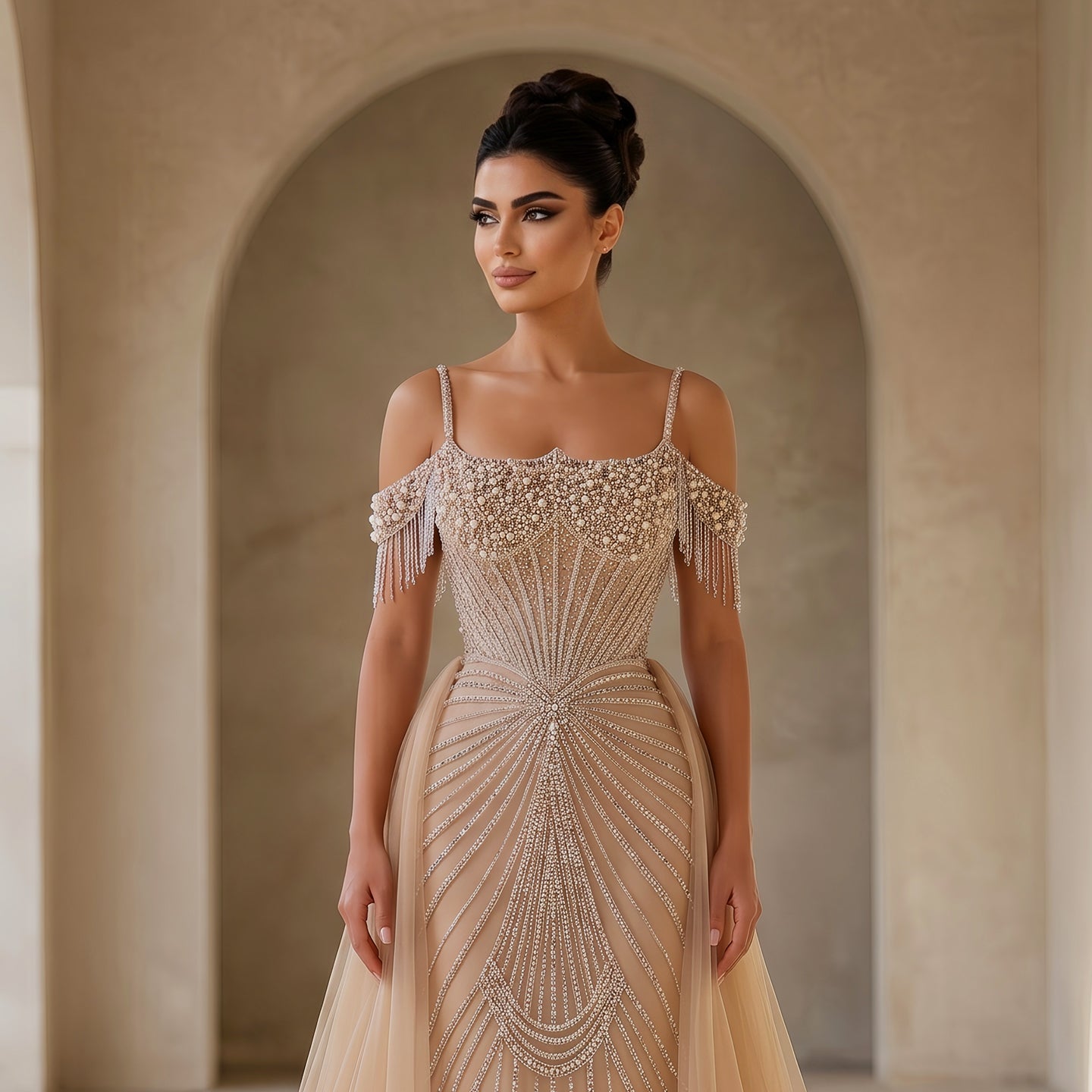 Elegant Green Spaghetti Strap Beaded Evening Dress with Overskirt SS121