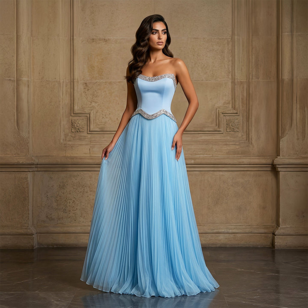 Elegant Pink Strapless Beaded Chiffon Evening Dress SS789