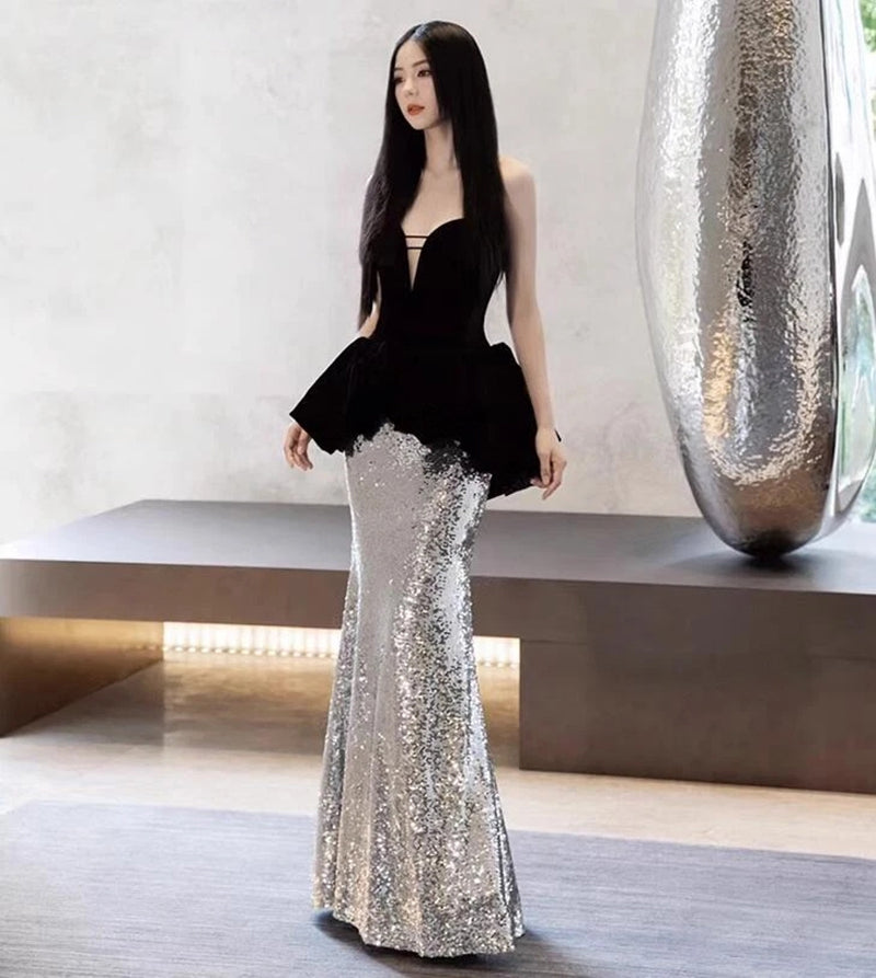 Edgy Black Silver Velvet Deep V-Neck Peplum Sequin Evening Dress SF425