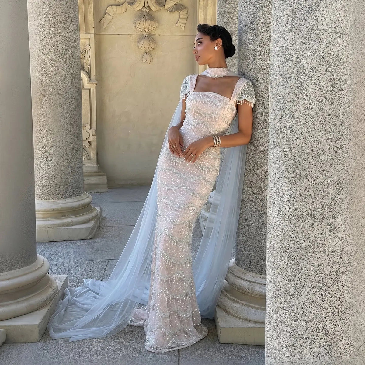 Gradient White Mermaid Square Sheer Evening  Dress Long Side Tulle Overlay SS523